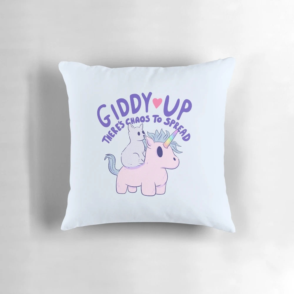 Cute cat riding a unicorn on a colorful, whimsical pillow.