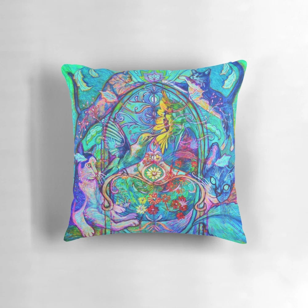 Cats Pillow featuring a vibrant painting of cats, hummingbirds, and sunflowers by artist Elizabeth D'Angelo
