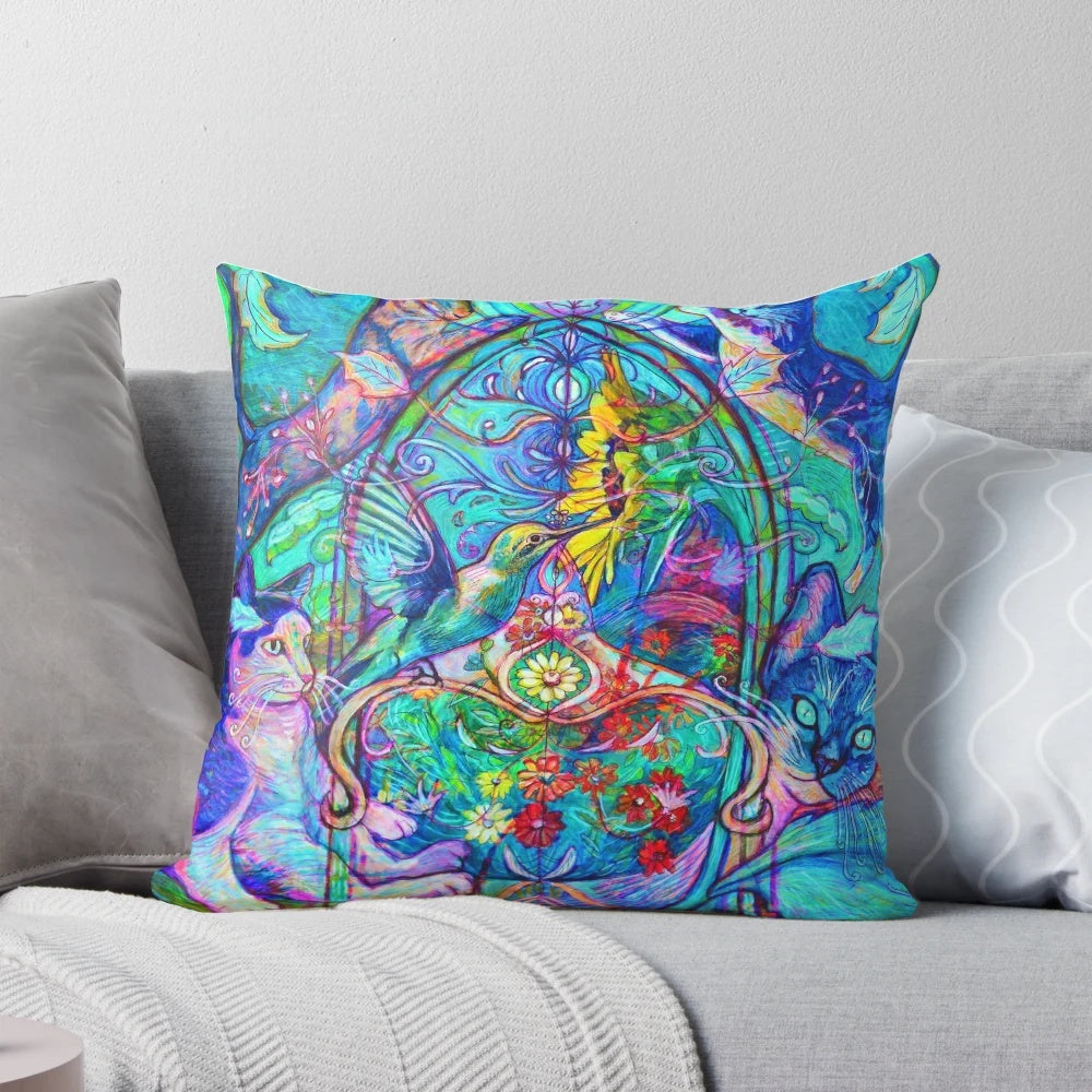 Cats Pillow featuring a vibrant painting of cats, hummingbirds, and sunflowers by artist Elizabeth D'Angelo