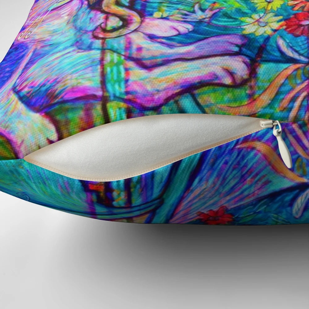 Cats Pillow featuring a vibrant painting of cats, hummingbirds, and sunflowers by artist Elizabeth D'Angelo