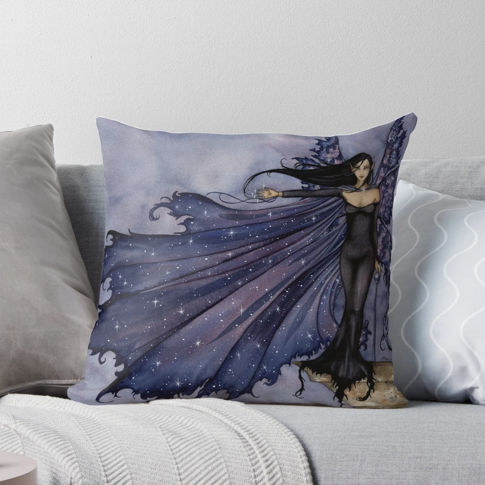 Mystical fantasy pillow featuring a fairy surrounded by stars against a dark night sky