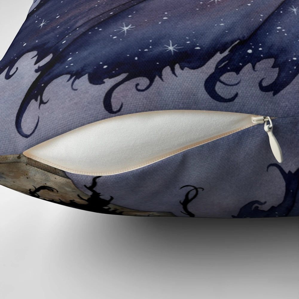 Mystical fantasy pillow featuring a fairy surrounded by stars against a dark night sky
