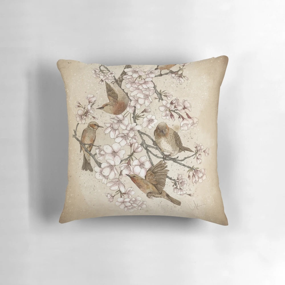 Soft, plush pillow featuring a whimsical design of birds perched in a cherry blossom tree