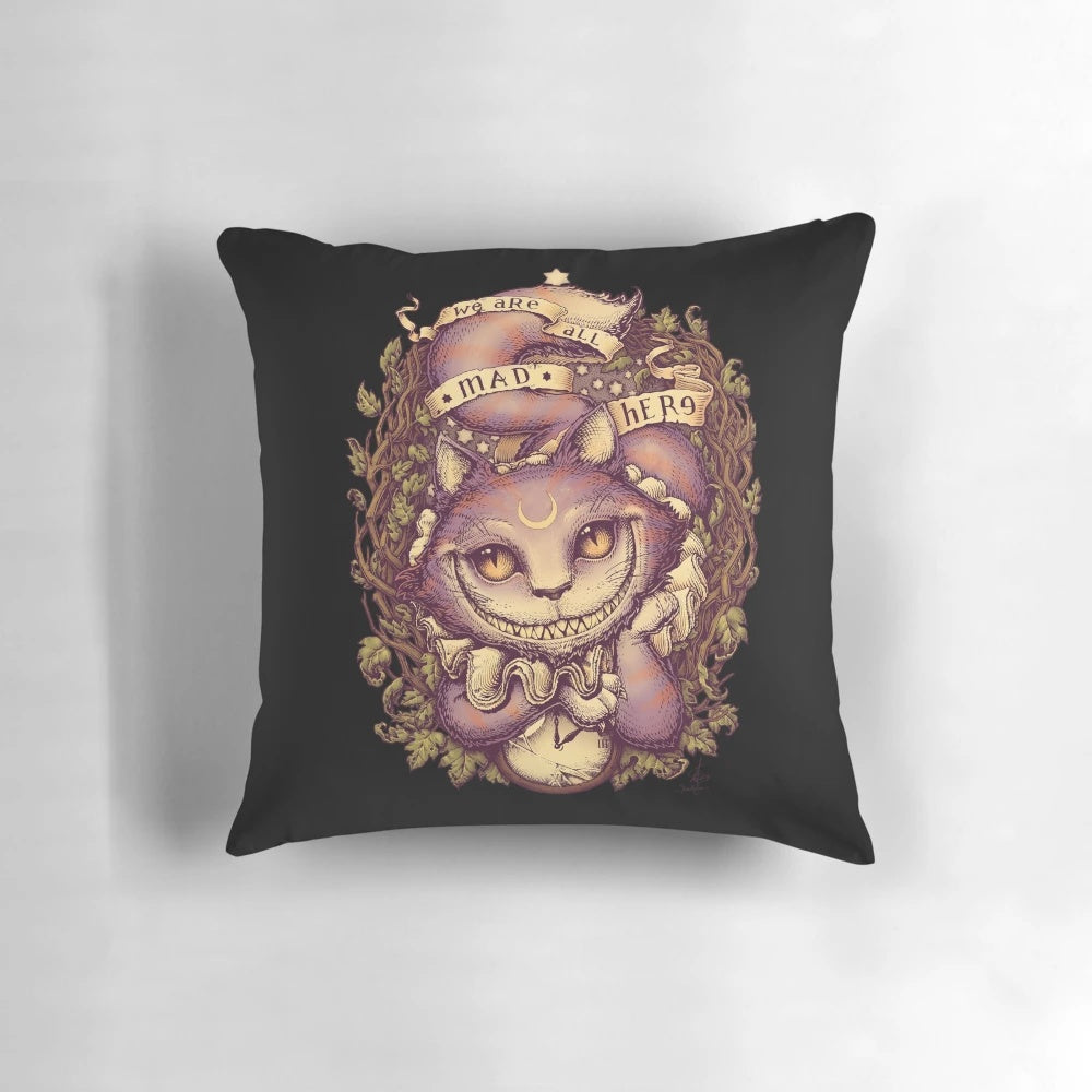 Cheshire Cat Pillow featuring the iconic grinning feline from the Alice in Wonderland fantasy tale