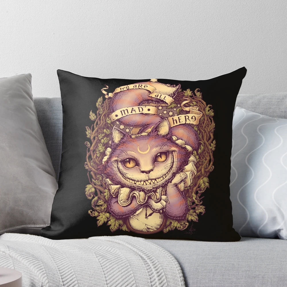 Cheshire Cat Pillow featuring the iconic grinning feline from the Alice in Wonderland fantasy tale