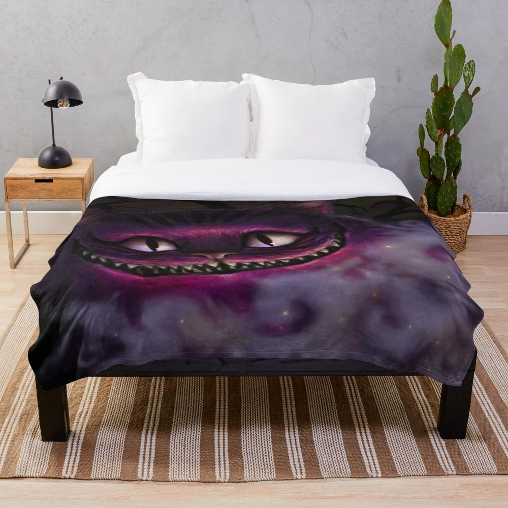 Cheshire Cat plush blanket with a whimsical and dark design