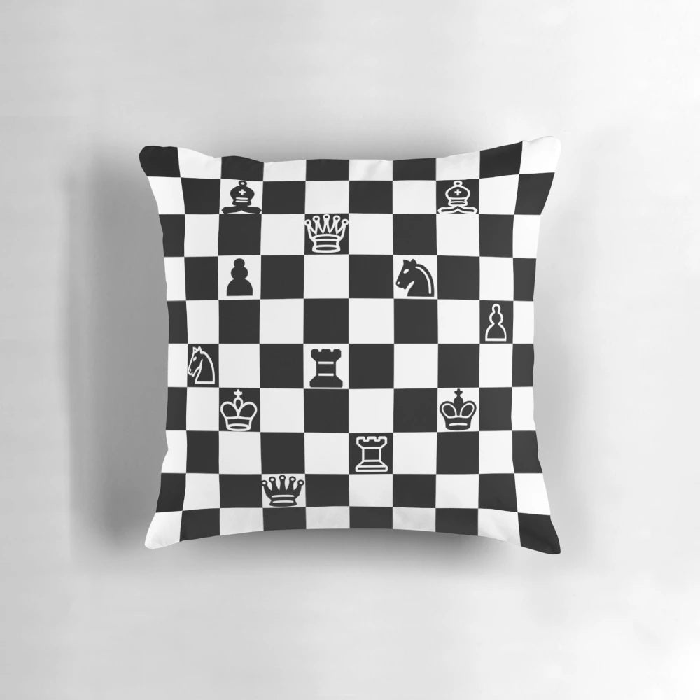 A cozy and whimsical chess pillow featuring a detailed chess board and pieces design.