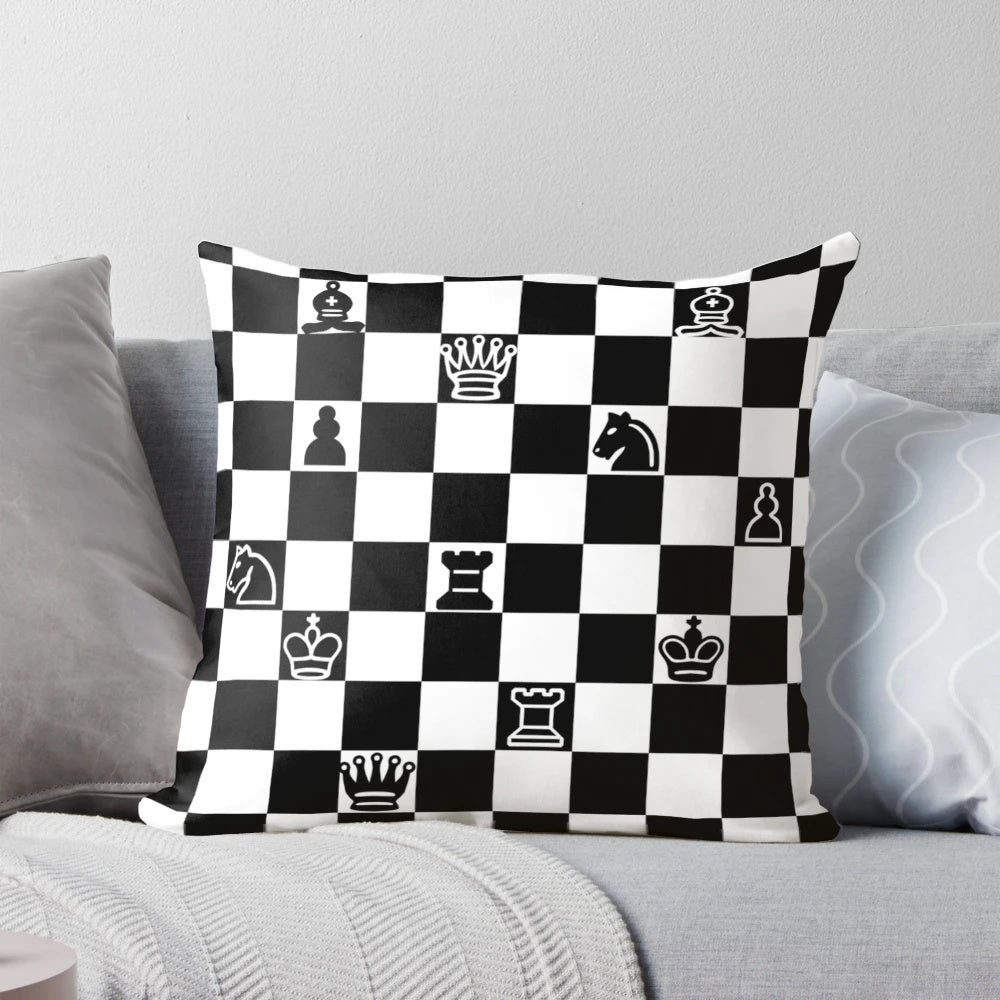A cozy and whimsical chess pillow featuring a detailed chess board and pieces design.