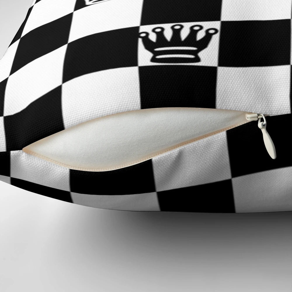 A cozy and whimsical chess pillow featuring a detailed chess board and pieces design.