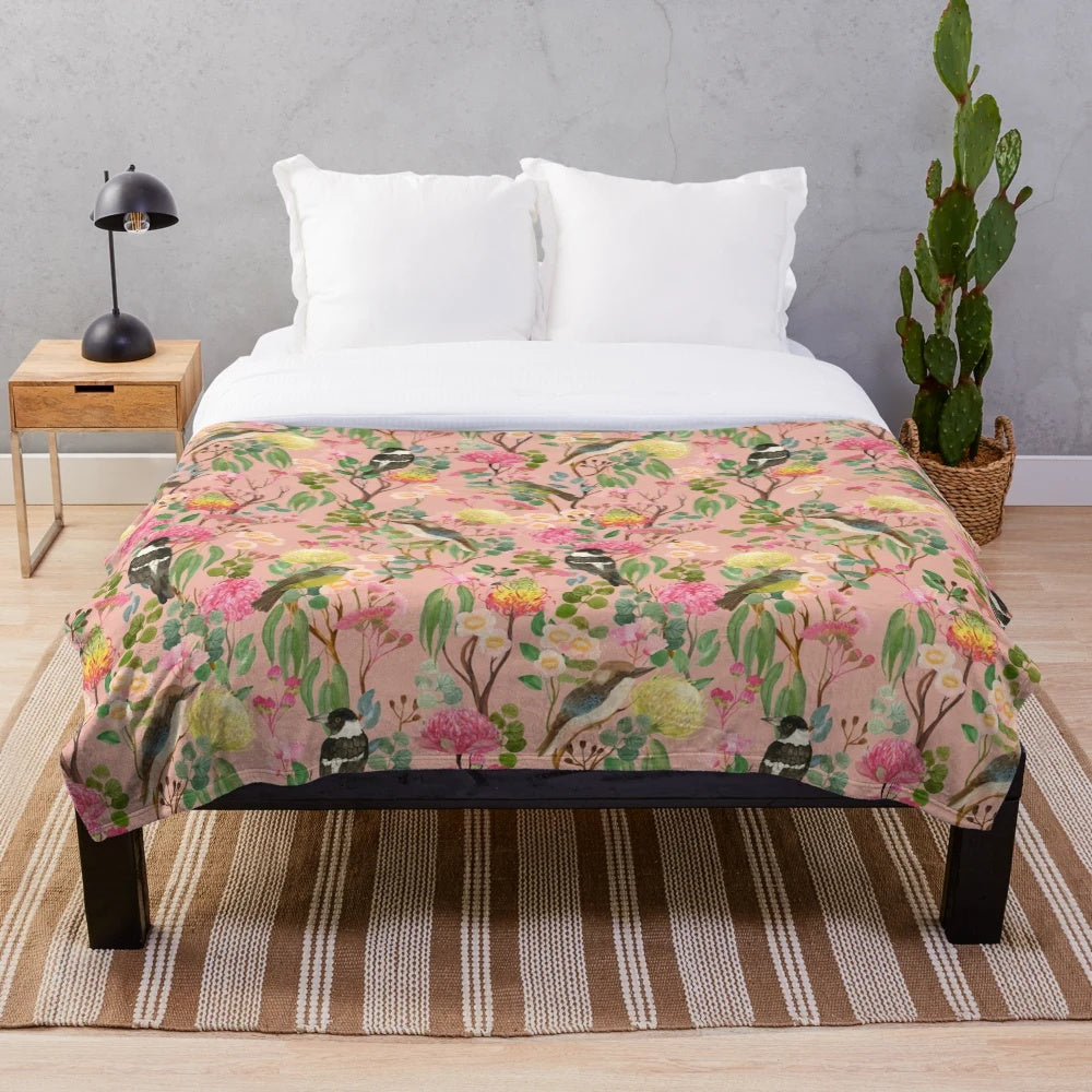 Plush blanket featuring enchanting Australian native flora and birds in a chinoiserie-inspired design