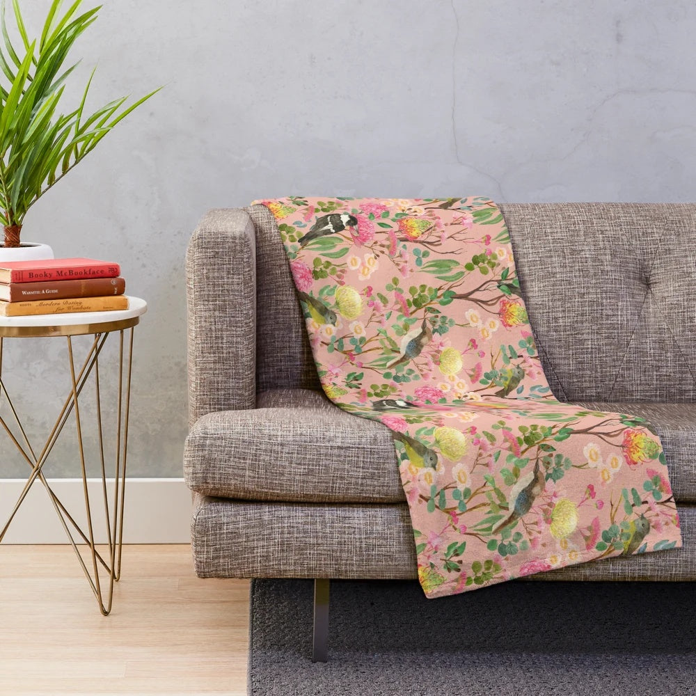 Plush blanket featuring enchanting Australian native flora and birds in a chinoiserie-inspired design