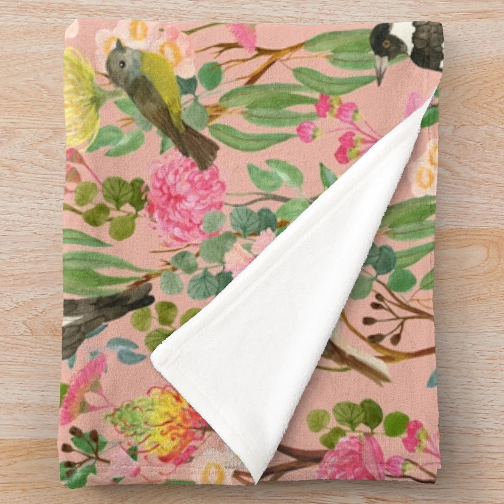 Plush blanket featuring enchanting Australian native flora and birds in a chinoiserie-inspired design