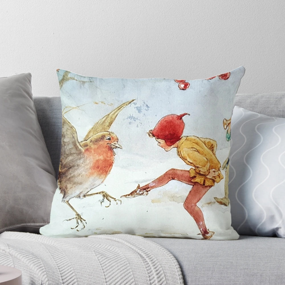 Whimsical pillow featuring illustrated elves and robins dancing in a snowy winter scene by artist Margaret Tarrant