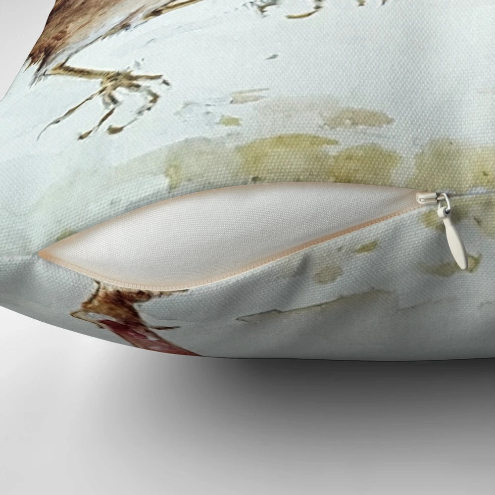 Whimsical pillow featuring illustrated elves and robins dancing in a snowy winter scene by artist Margaret Tarrant