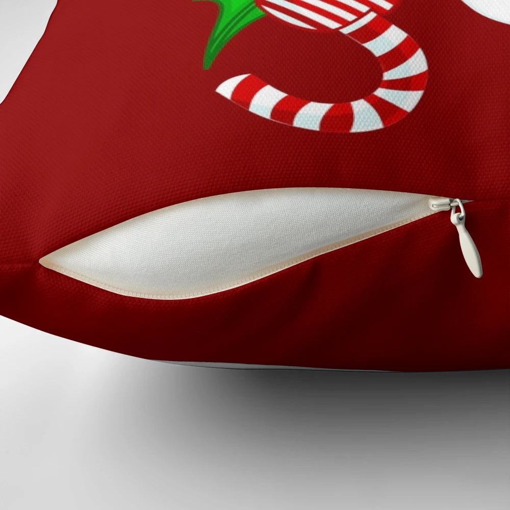 Whimsical Christmas fairy pillow with snow, candy canes, holly, and other holiday elements