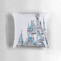 A watercolor-style illustration of Cinderella's Castle from the Disney fairytale, featured on a decorative throw pillow.