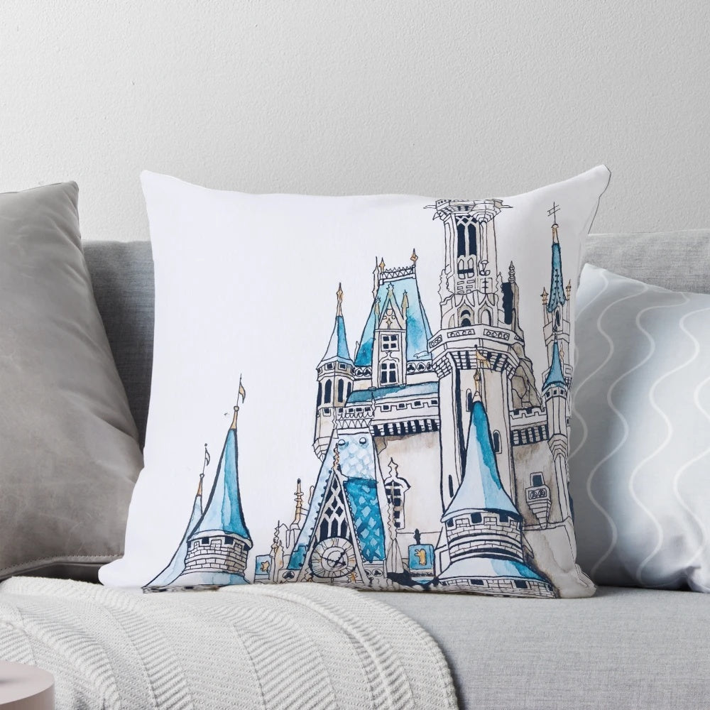 A watercolor-style illustration of Cinderella's Castle from the Disney fairytale, featured on a decorative throw pillow.