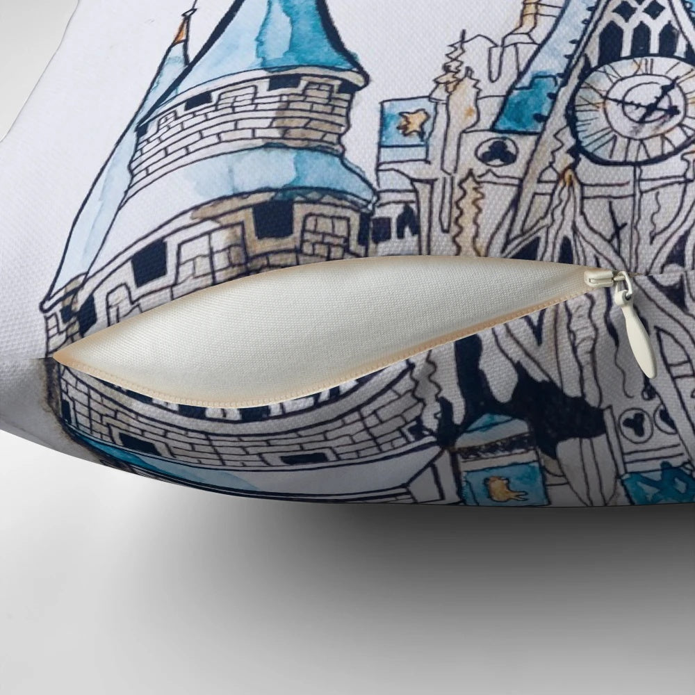 A watercolor-style illustration of Cinderella's Castle from the Disney fairytale, featured on a decorative throw pillow.