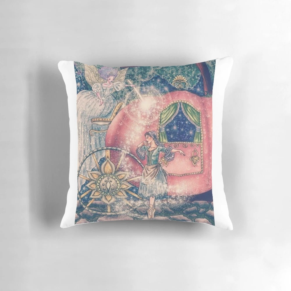 Vibrant illustration of Cinderella's transformation with her Fairy Godmother on a decorative pillow