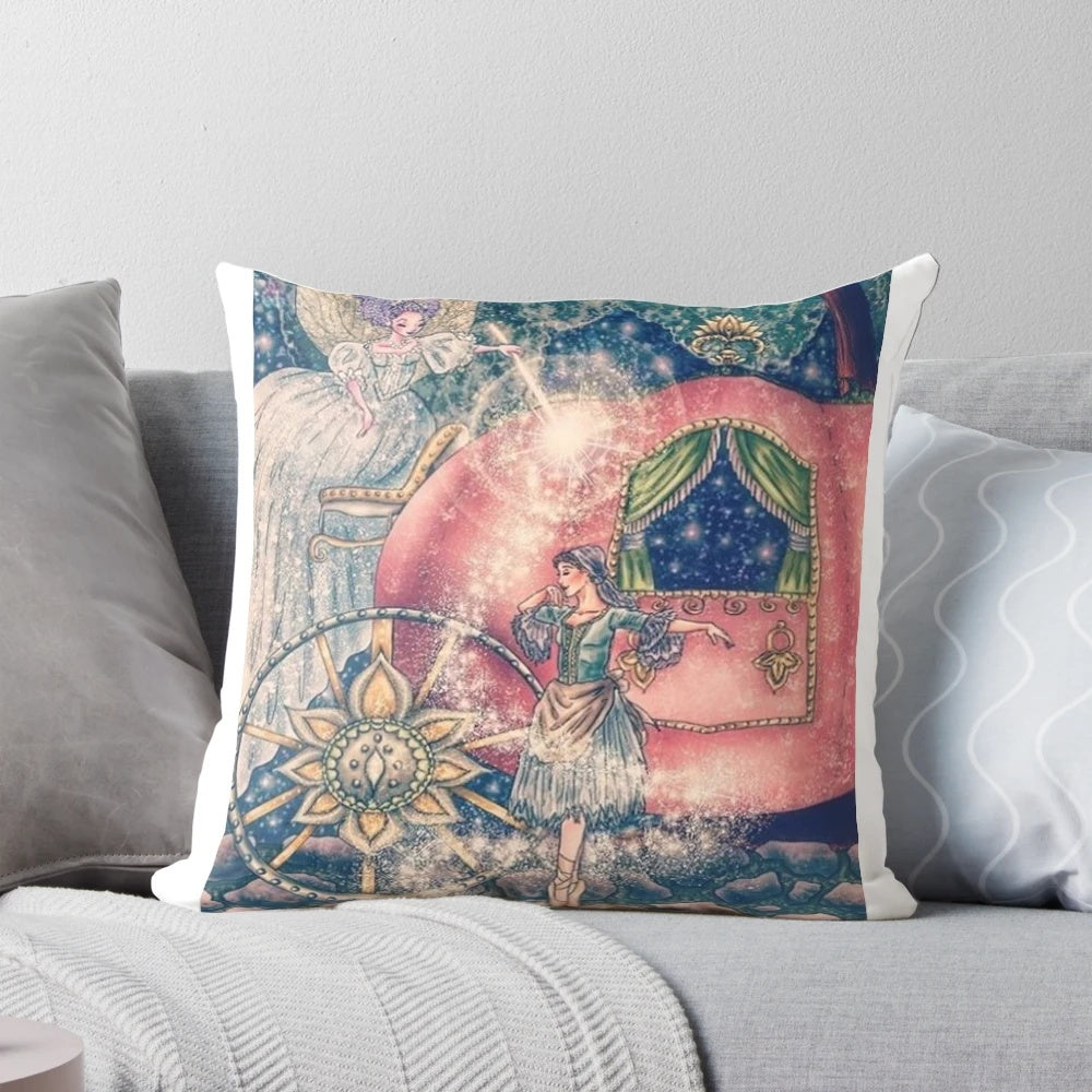 Vibrant illustration of Cinderella's transformation with her Fairy Godmother on a decorative pillow