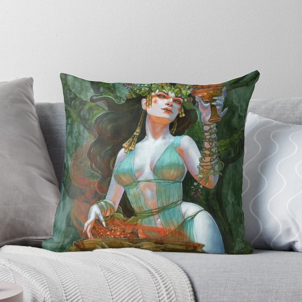 Decorative throw pillow featuring Circe, the goddess of enchantment from Greek mythology