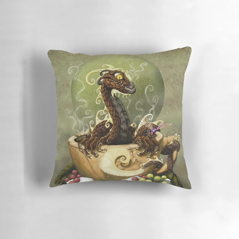 Cozy coffee dragon-themed decorative pillow with a whimsical, cute design
