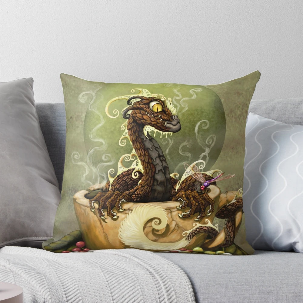 Cozy coffee dragon-themed decorative pillow with a whimsical, cute design