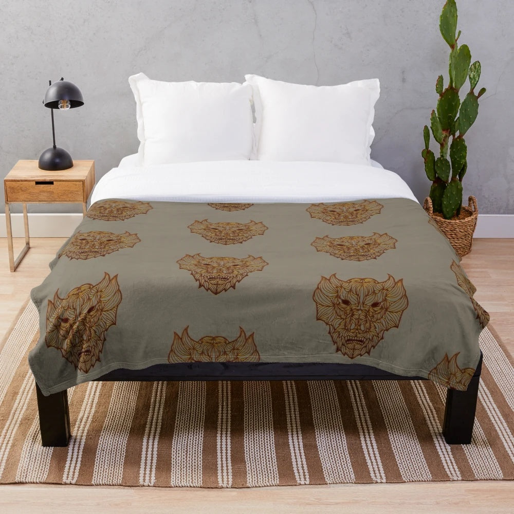 Copper dragon mask plush blanket for fantasy and medieval decor