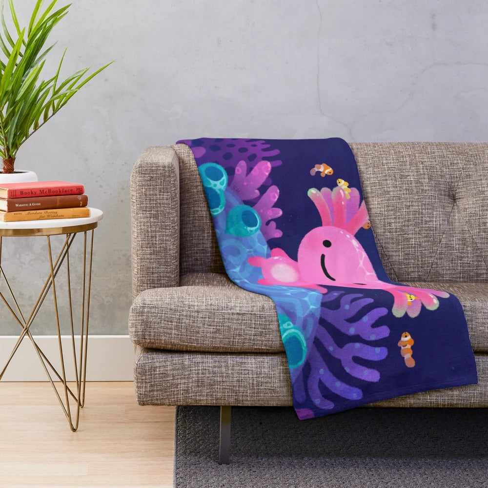 Colorful coral axolotl plush blanket