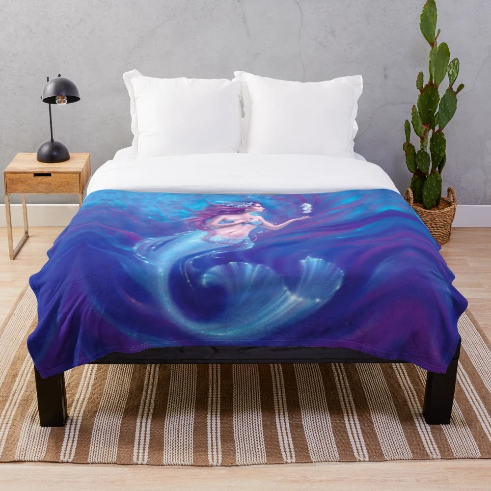 Coral Plush Blanket with Mermaid, Seahorse, and Seashell Designs