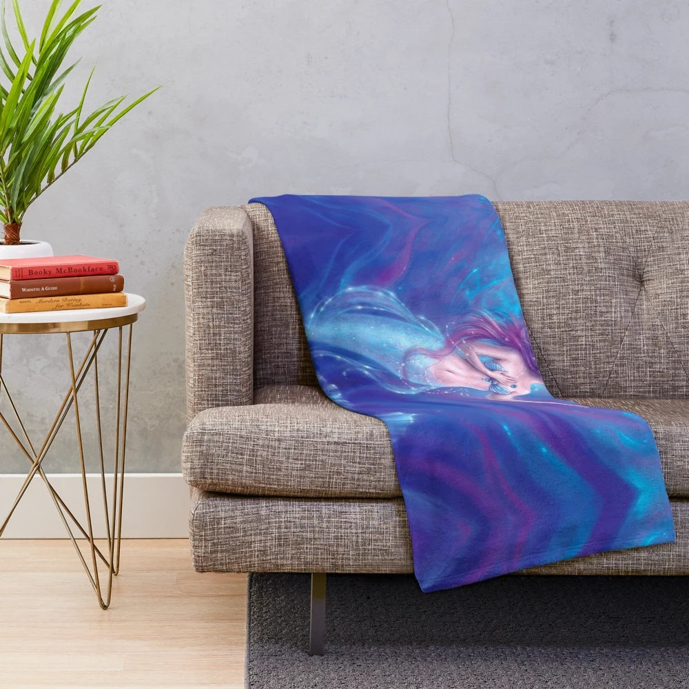 Coral Plush Blanket with Mermaid, Seahorse, and Seashell Designs
