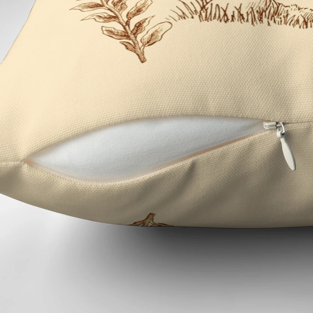 Cottagecore-inspired pillow featuring a whimsical frog sitting on a mushroom under a starry night sky
