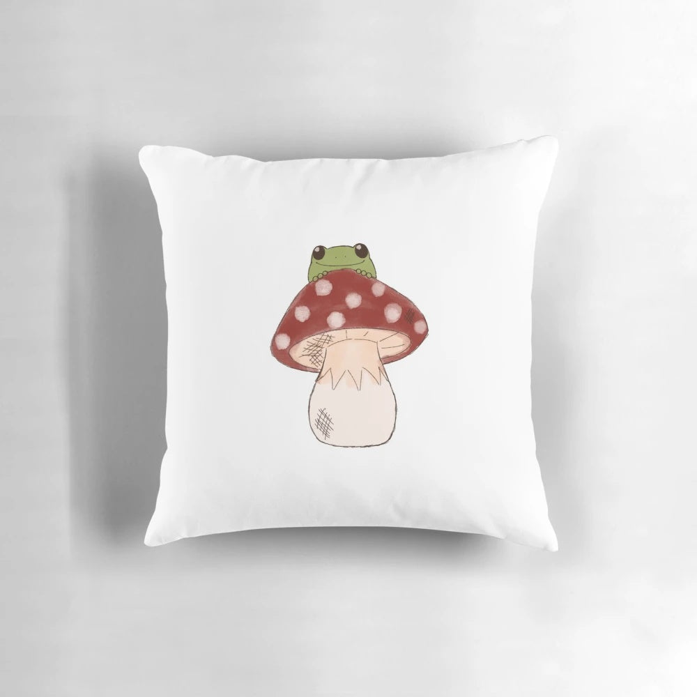 Whimsical toadstool-shaped decorative pillow in a cottagecore style