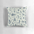 Throw pillow featuring a whimsical pattern of fantasy creatures like mythical beasts, wizards, and witches in a pastel, light-filled design.