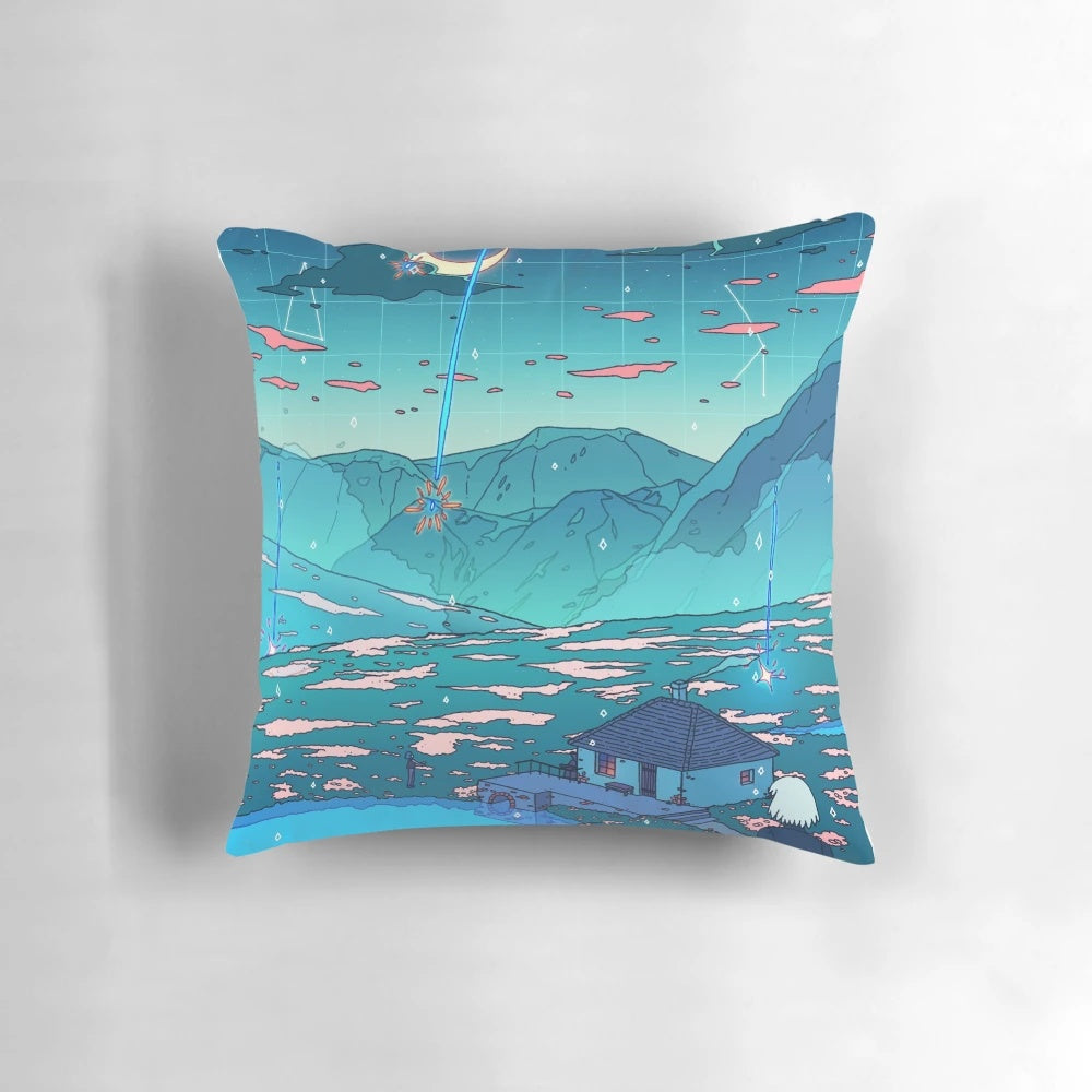 A soft, plush pillow featuring a surreal, vaporwave-inspired design with a crystal-like shower of stars and flowers.