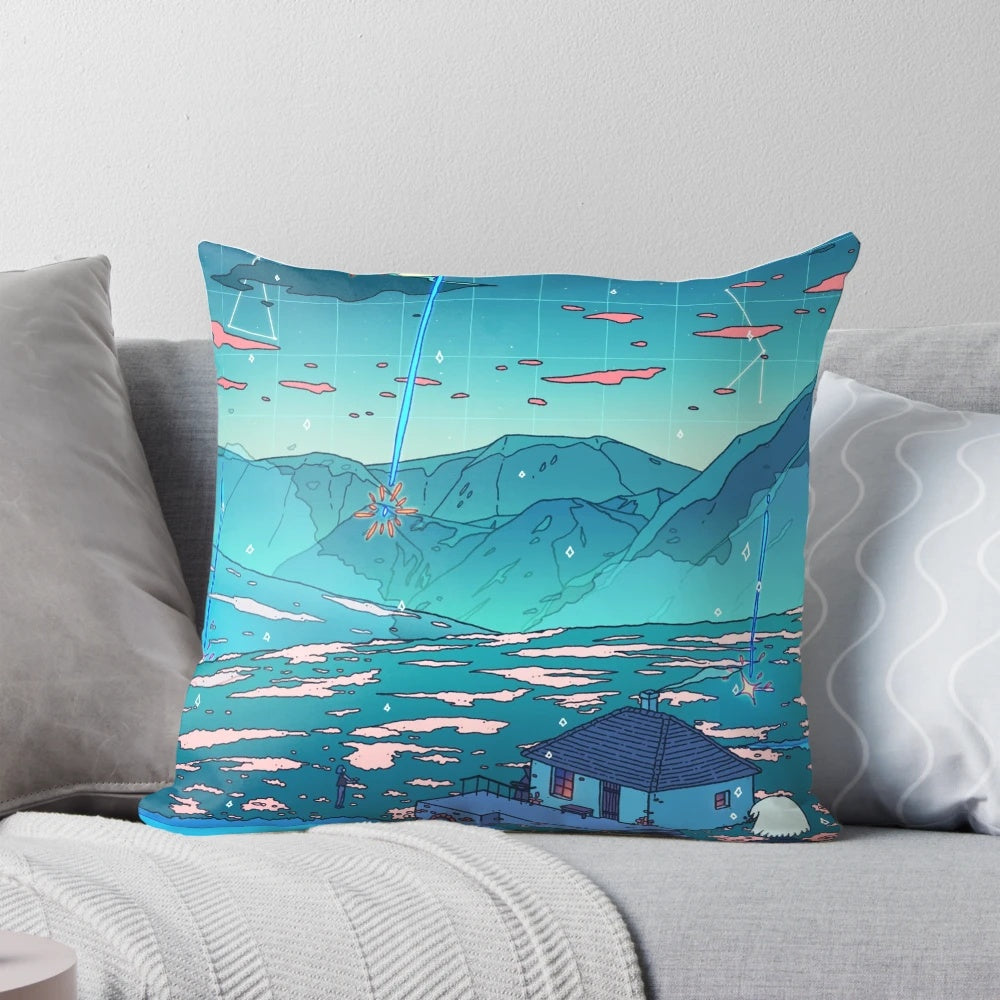 A soft, plush pillow featuring a surreal, vaporwave-inspired design with a crystal-like shower of stars and flowers.