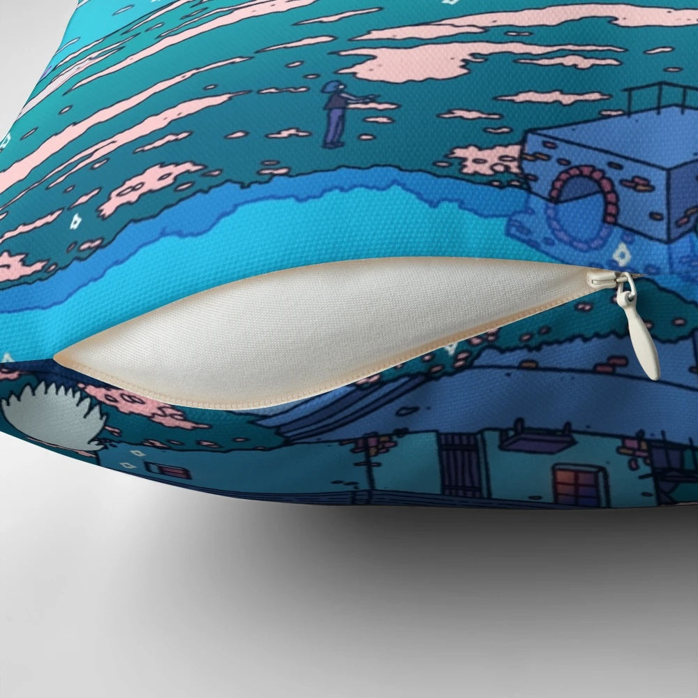 A soft, plush pillow featuring a surreal, vaporwave-inspired design with a crystal-like shower of stars and flowers.