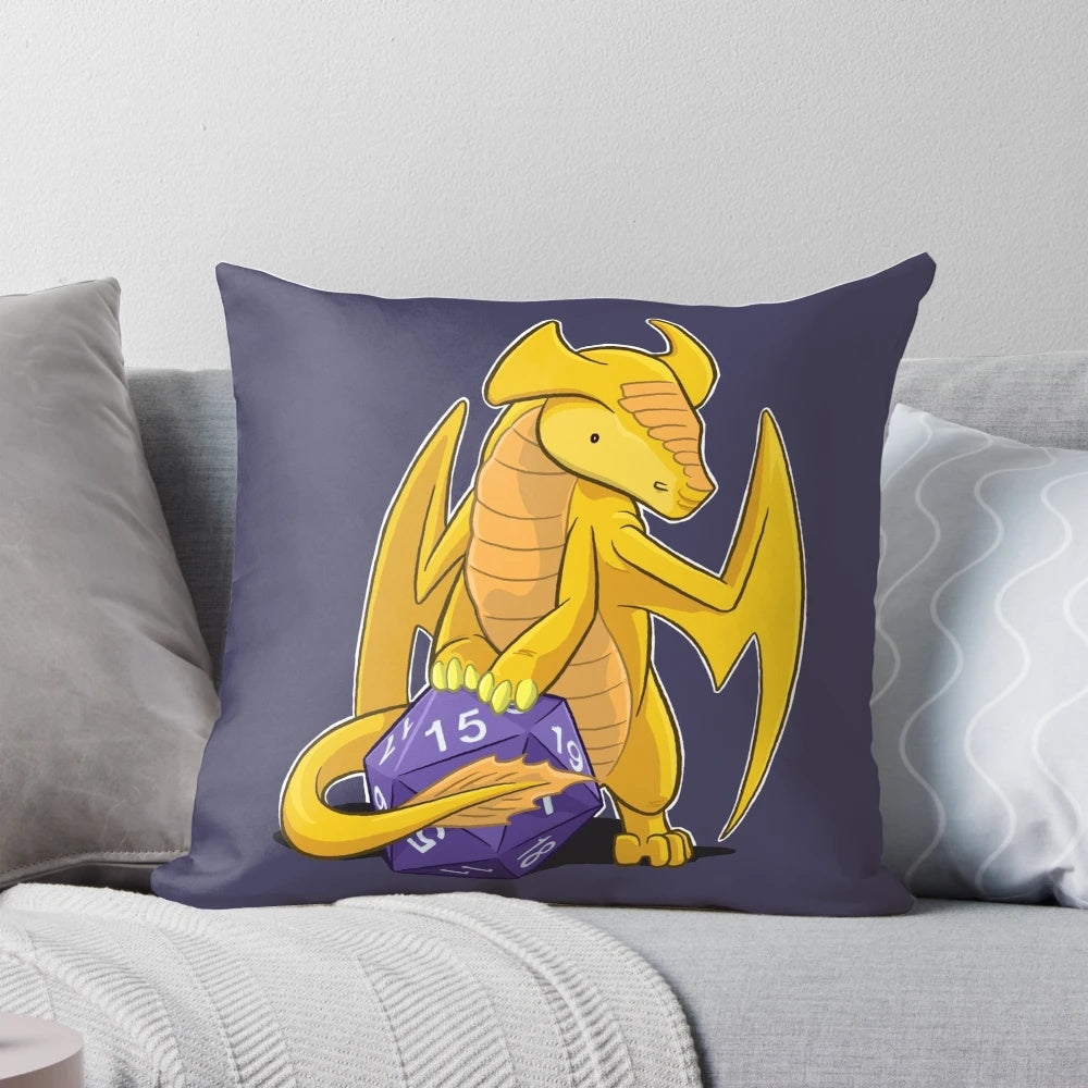 A plush, gold dragon-themed pillow with a d20 dice design, perfect for fantasy and role-playing game enthusiasts.