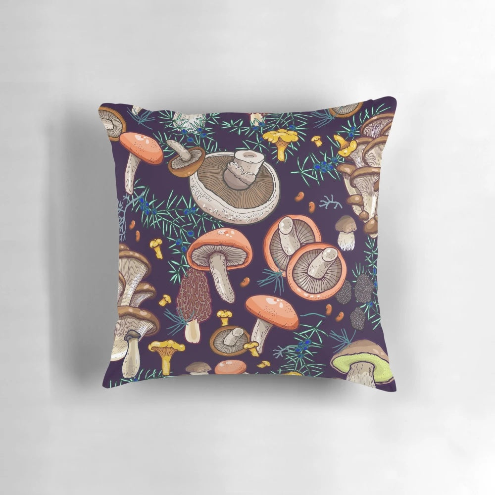 Lush, dark forest pillow featuring a botanical, nature-inspired design