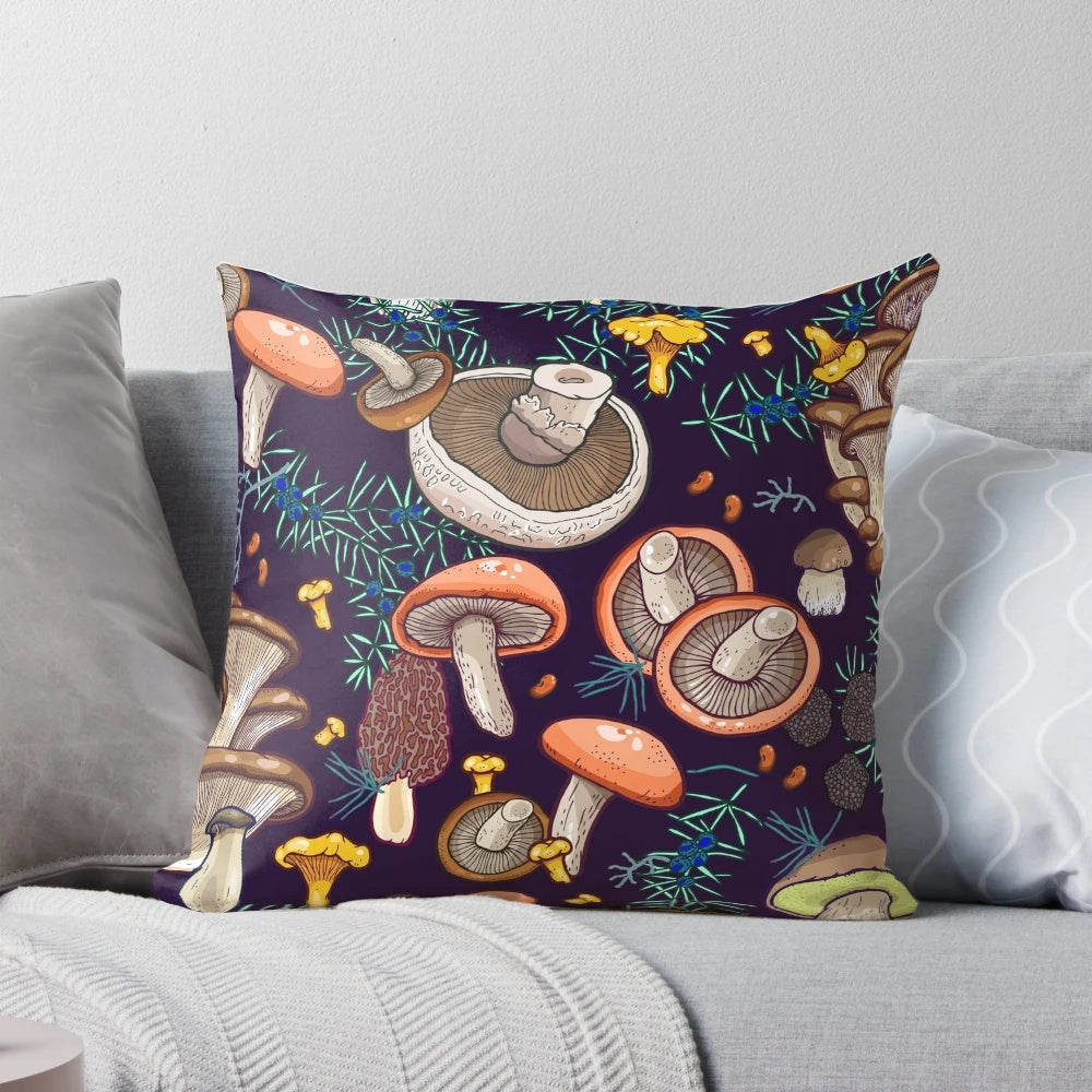 Lush, dark forest pillow featuring a botanical, nature-inspired design