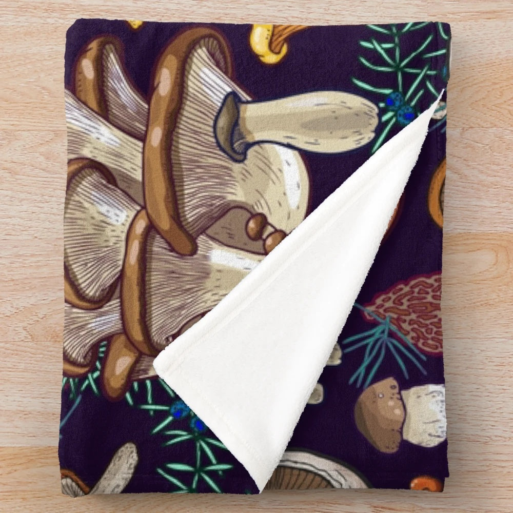 Dark forest plush blanket with mushroom and moss design