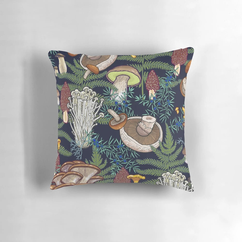 A cozy pillow featuring a captivating dark mushroom forest design, perfect for nature and botanical enthusiasts.