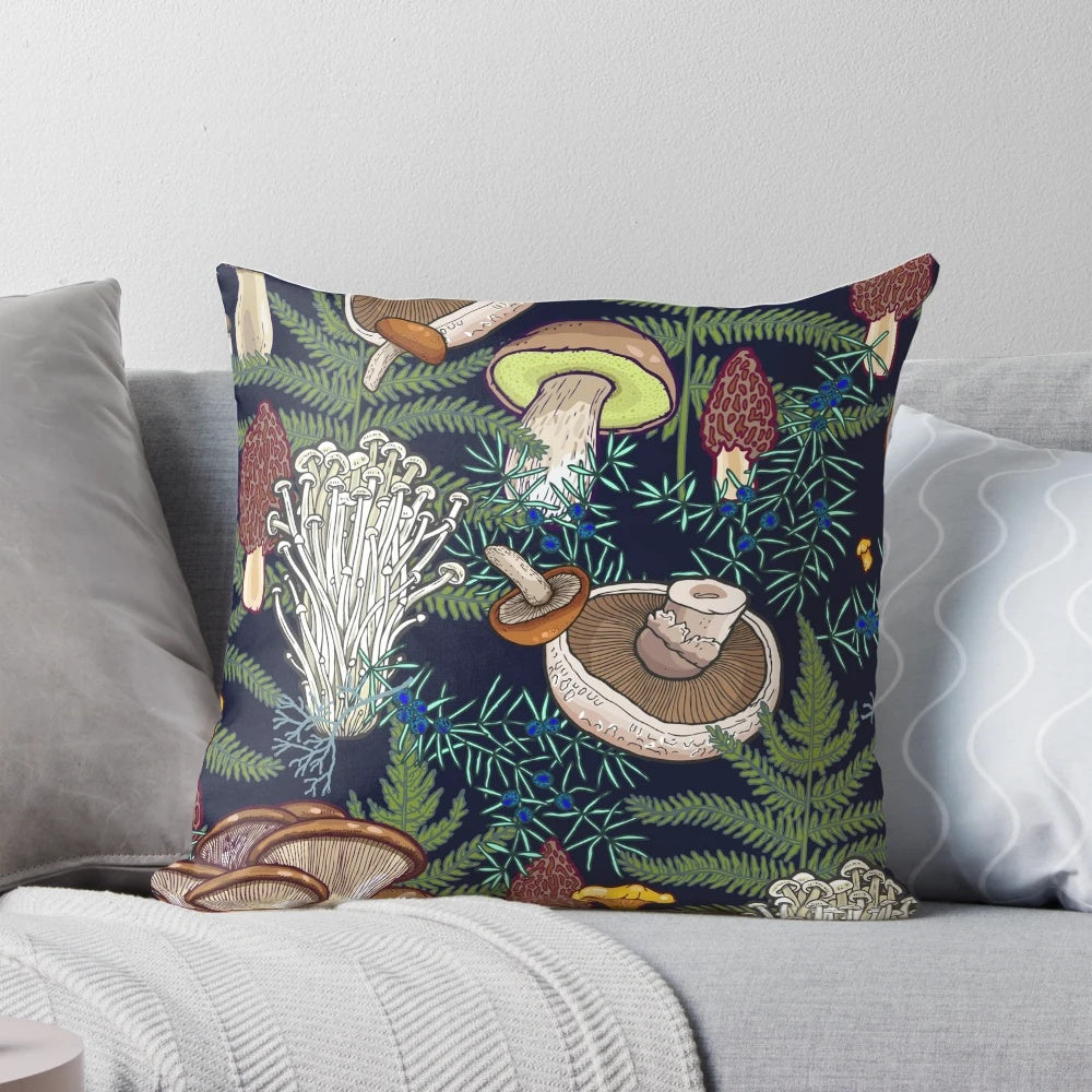 A cozy pillow featuring a captivating dark mushroom forest design, perfect for nature and botanical enthusiasts.