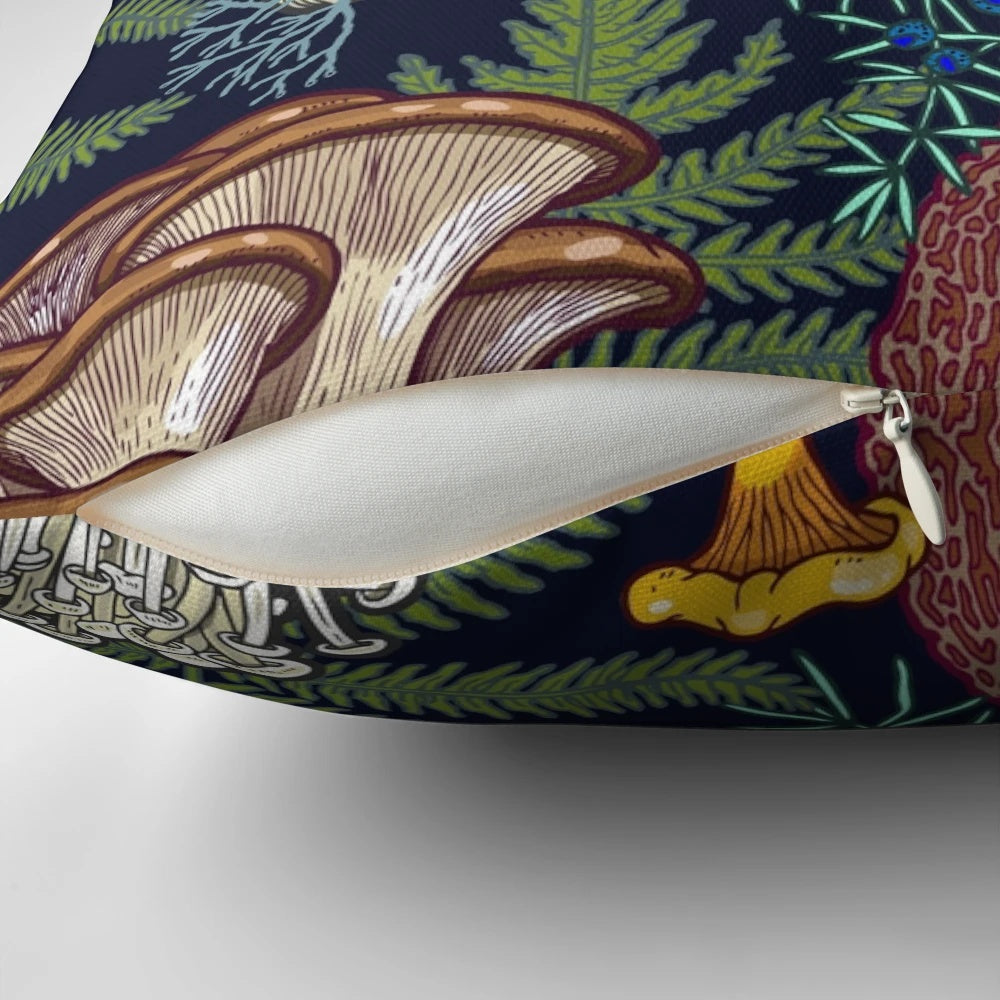 A cozy pillow featuring a captivating dark mushroom forest design, perfect for nature and botanical enthusiasts.
