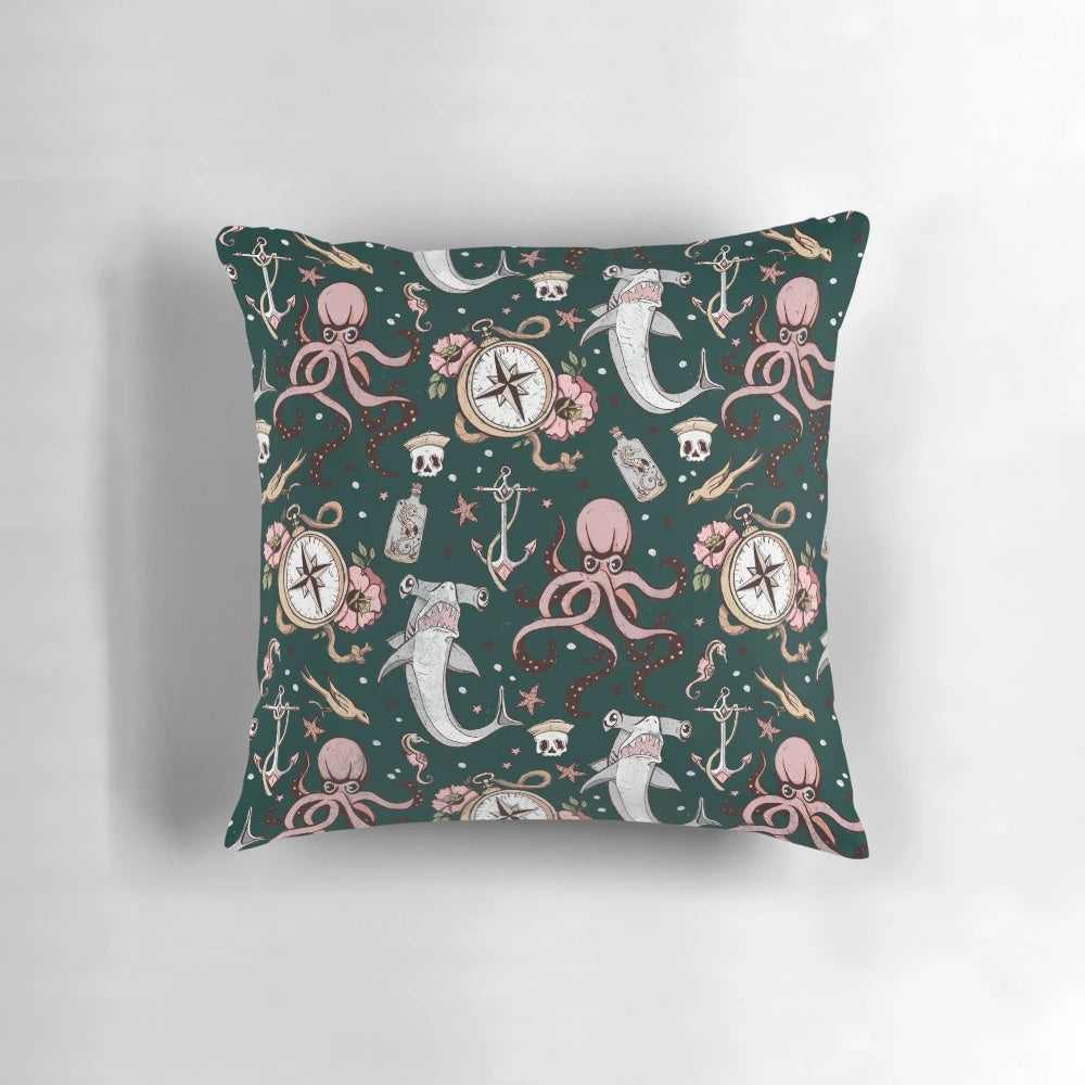 Dark sea creature pattern pillow featuring an intricate design of octopus, sharks, and other marine life