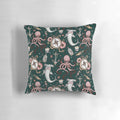Dark sea creature pattern pillow featuring an intricate design of octopus, sharks, and other marine life