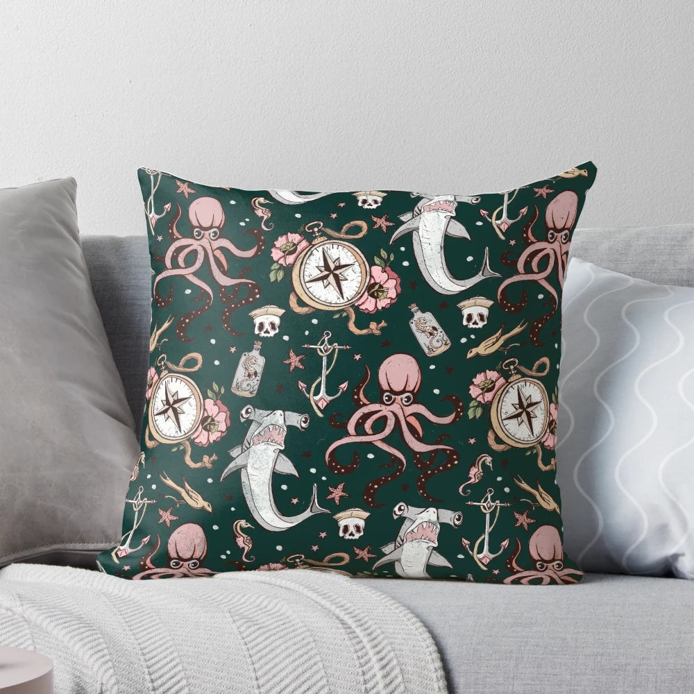 Dark sea creature pattern pillow featuring an intricate design of octopus, sharks, and other marine life