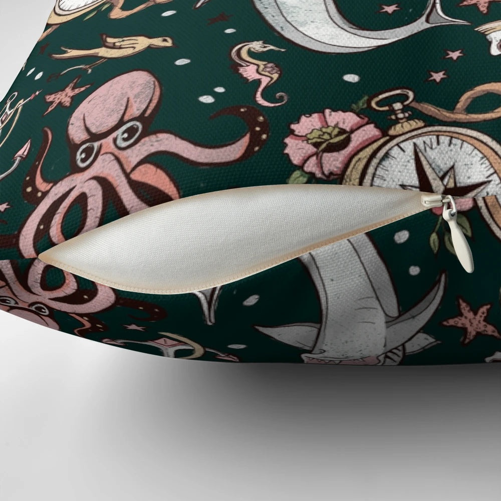 Dark sea creature pattern pillow featuring an intricate design of octopus, sharks, and other marine life