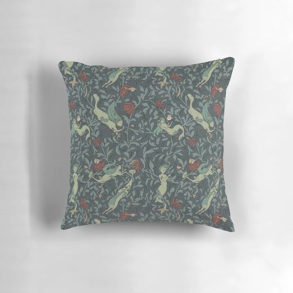 A lush, artistic pillow featuring a whimsical mermaid and deep sea motif, perfect for adding a touch of fantasy to your home.