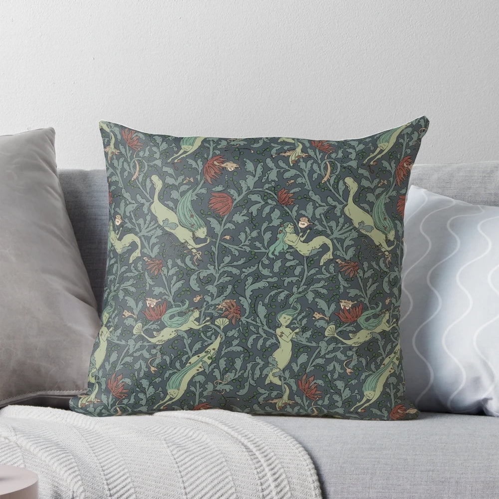 A lush, artistic pillow featuring a whimsical mermaid and deep sea motif, perfect for adding a touch of fantasy to your home.